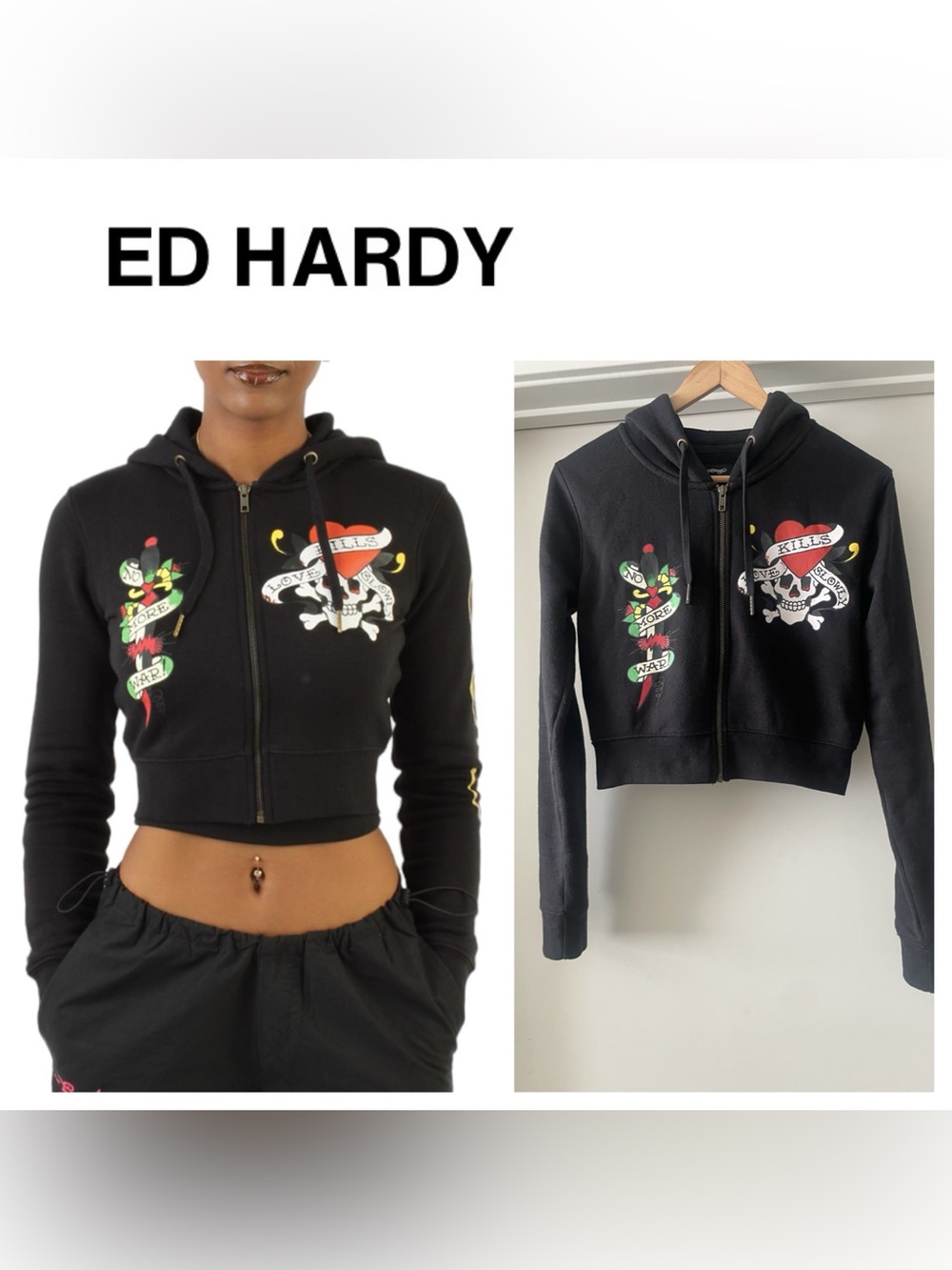 ED HARDY Black Cropped Zip Hoodie with Heart & Dagger Graphics